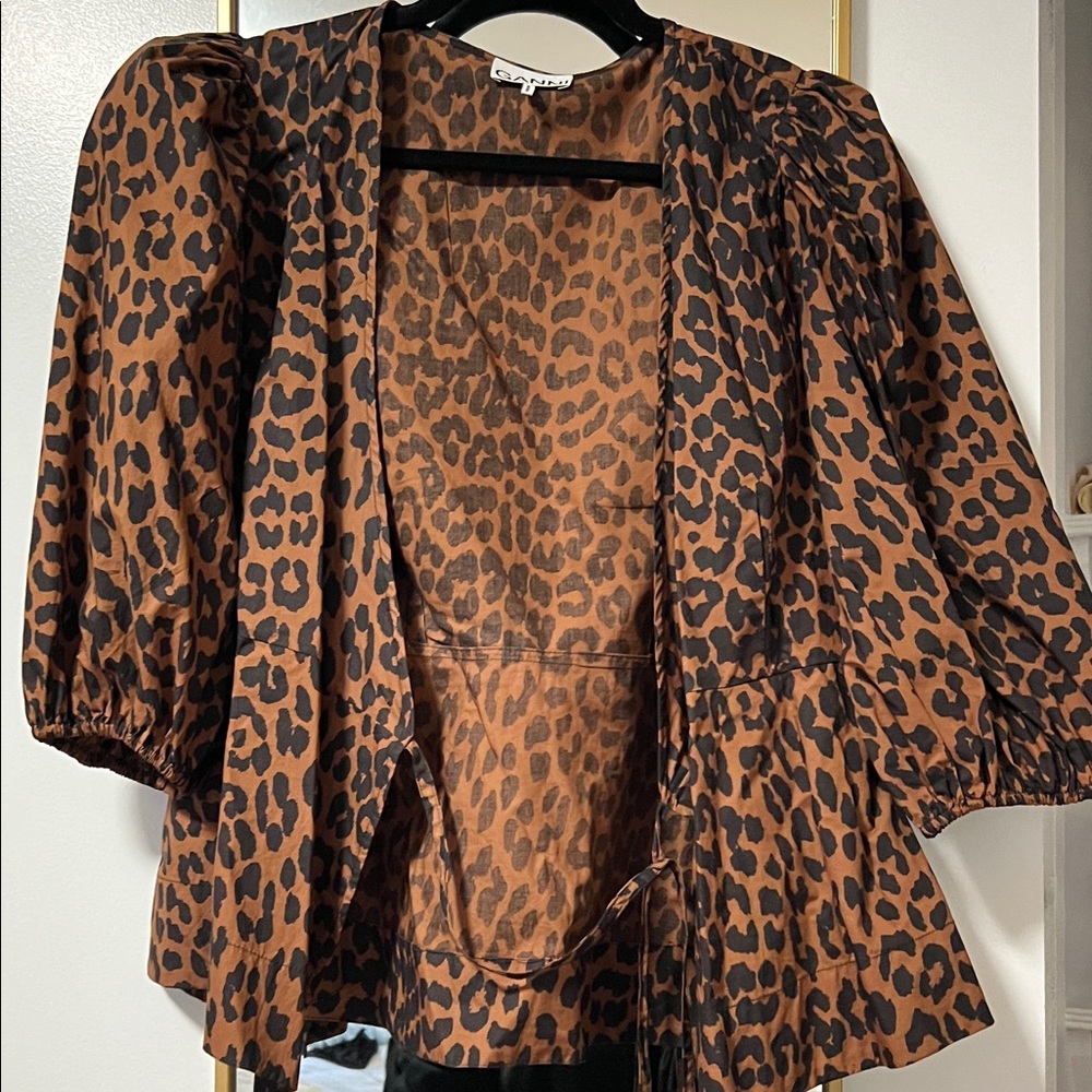 Ganni Leopard Print Puff Sleeve top